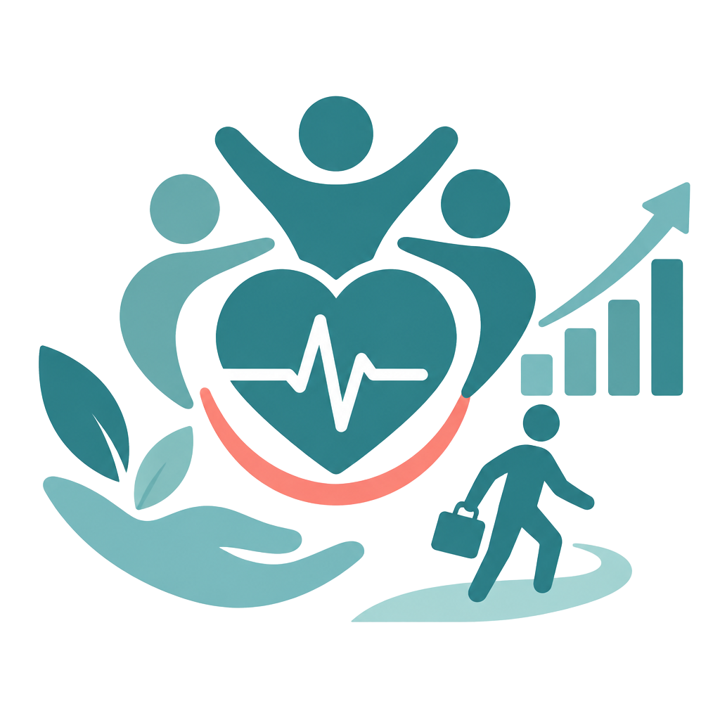 Illustration: Herz mit Puls, Hände und aufsteigendes Diagramm – betriebliche Gesundheitsförderung