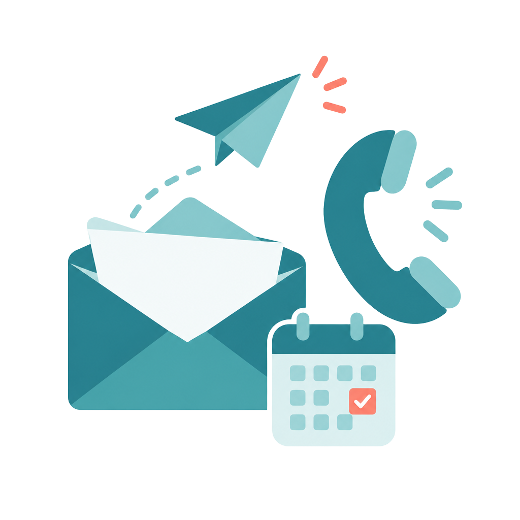 Illustration: Briefumschlag, Telefonhörer und Kalender für Terminanfragen