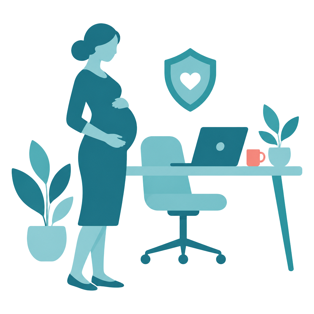 Illustration: Schwangere am Arbeitsplatz mit Schutzschild – Mutterschutz