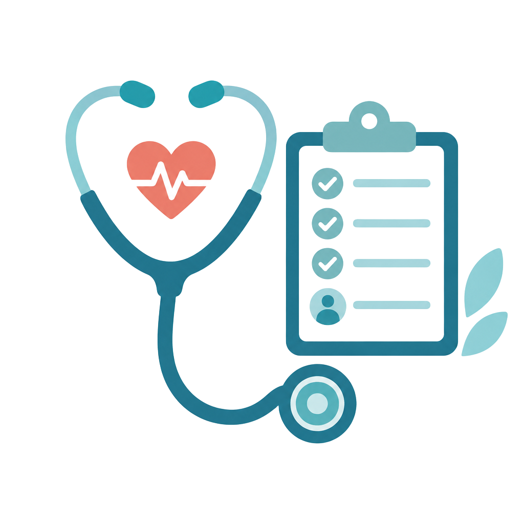 Illustration: Stethoskop in Herzform und Checkliste – Eignungsuntersuchung